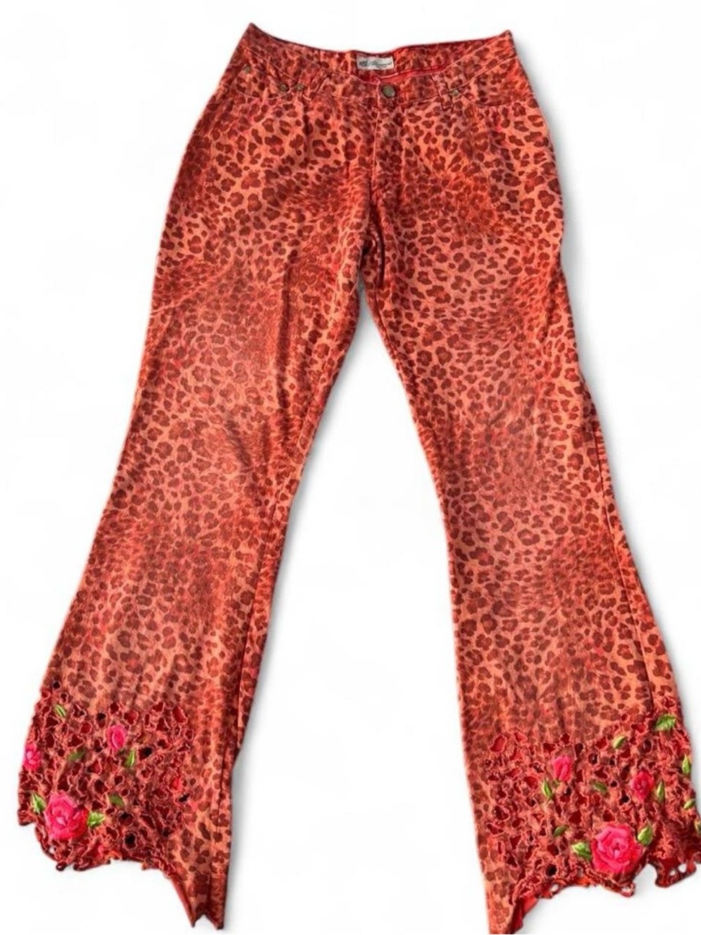 Vintage Archival Blumarine Y2K Leopard Print Jeans with Rose Embroidery